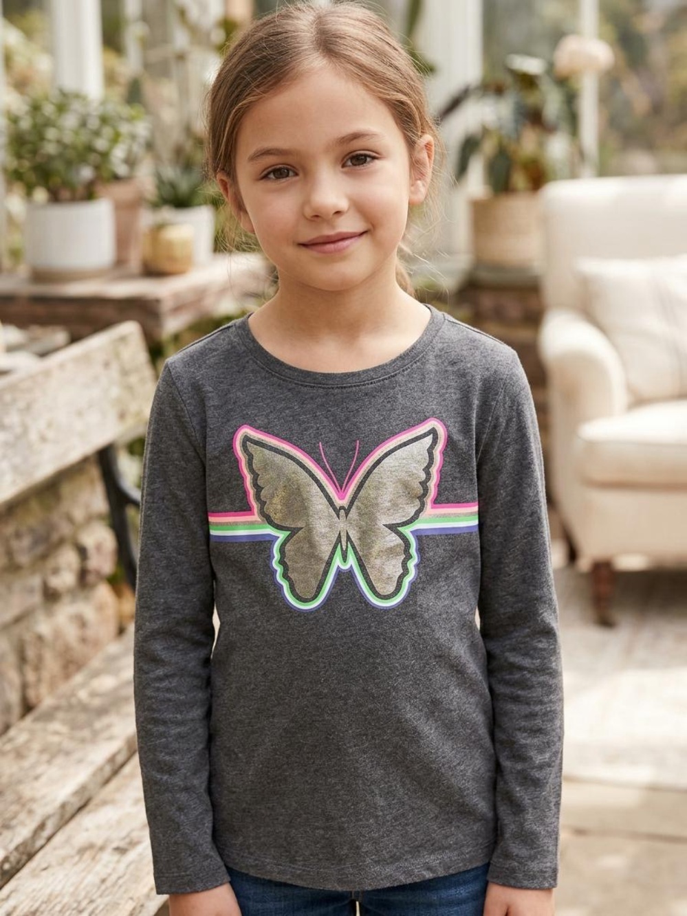 Girls' Charcoal Butterfly Graphic Long-Sleeve Top